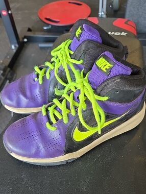 Nike Purple and Neon Green High-Top Basketball Sneakers